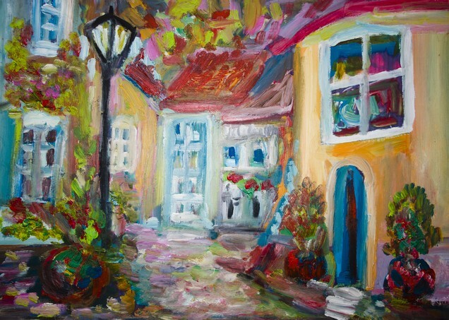 Painting of colourful old town streets